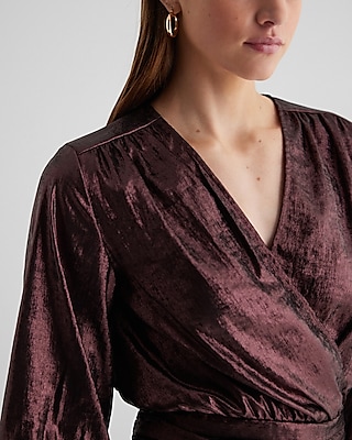 Metallic V-Neck Balloon Sleeve Faux Wrap Top