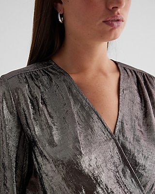 Metallic V-Neck Balloon Sleeve Faux Wrap Top