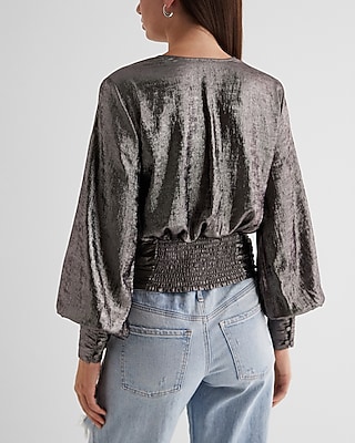Metallic V-neck Balloon Sleeve Faux Wrap Top | Express