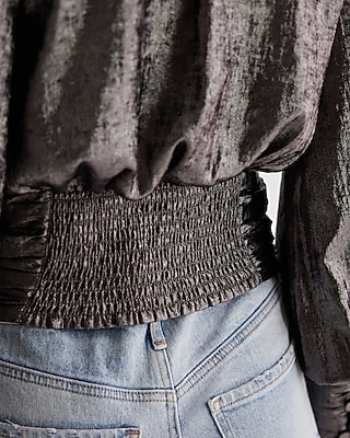 Metallic V-Neck Balloon Sleeve Faux Wrap Top