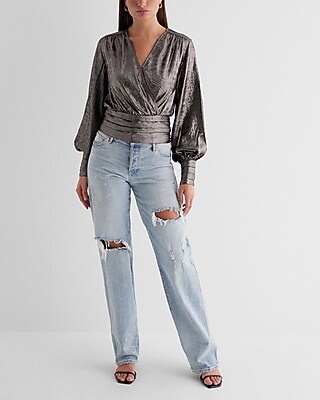 Metallic V-Neck Balloon Sleeve Faux Wrap Top