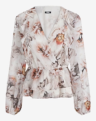 SURPLICE PEPLUM LS BLOUSE WHITE FLORAL 9709846:PRINT-WHITE:M