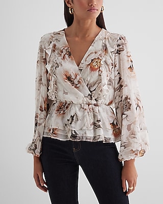 SURPLICE PEPLUM LS BLOUSE WHITE FLORAL 9709846:PRINT-WHITE:M