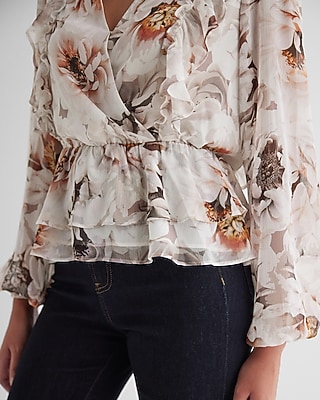 SURPLICE PEPLUM LS BLOUSE WHITE FLORAL 9709846:PRINT-WHITE:M