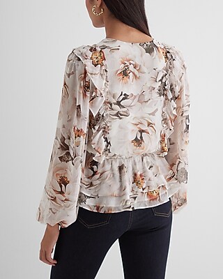 SURPLICE PEPLUM LS BLOUSE WHITE FLORAL 9709846:PRINT-WHITE:M