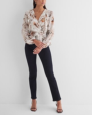 SURPLICE PEPLUM LS BLOUSE WHITE FLORAL 9709846:PRINT-WHITE:M