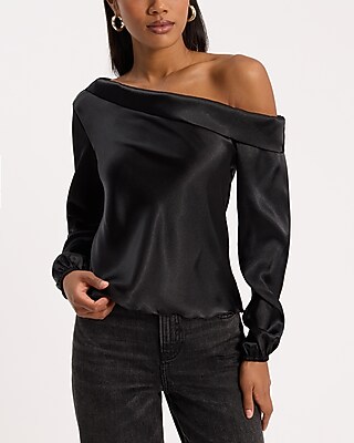 Satin Off The Shoulder Long Sleeve Top | Express