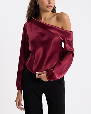 Satin Off The Shoulder Long Sleeve Top | Express