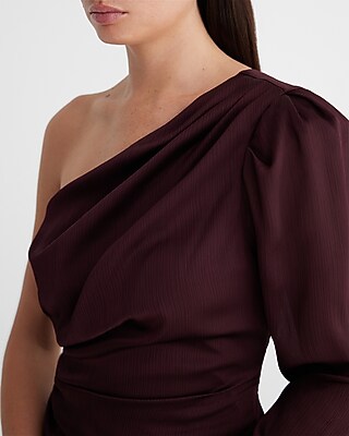 Textured Satin Draped One Shoulder Puff Sleeve Top - image 2