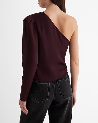 Textured Satin Draped One Shoulder Puff Sleeve Top - image 3