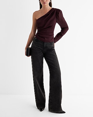 Textured Satin Draped One Shoulder Puff Sleeve Top - image 4