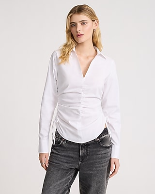 Collared V-Neck Ruched Side Top