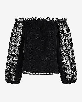 Velvet Lace Ruffle Neck Off The Shoulder Balloon Sleeve Top