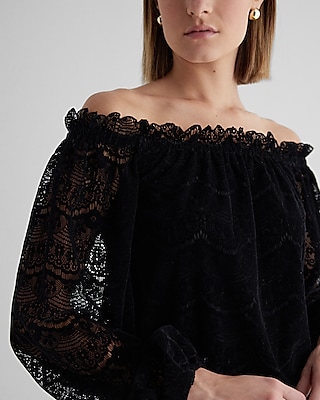 Velvet Lace Ruffle Neck Off The Shoulder Balloon Sleeve Top