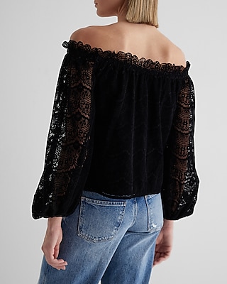 Velvet Lace Ruffle Neck Off The Shoulder Balloon Sleeve Top