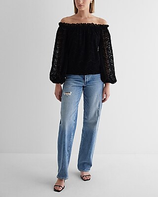 Velvet Lace Ruffle Neck Off The Shoulder Balloon Sleeve Top