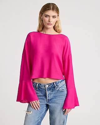 Crew Neck Bell Sleeve Tie Back Top