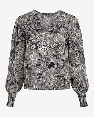 SMOCKED CUFF VNECK POPOVER LINEAR COSMOS PRINT 9709972:PRINT-BLACK:S