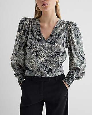 SMOCKED CUFF VNECK POPOVER LINEAR COSMOS PRINT 9709972:PRINT-BLACK:S