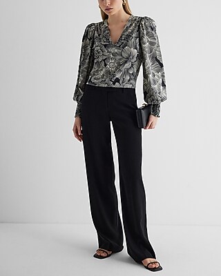 SMOCKED CUFF VNECK POPOVER LINEAR COSMOS PRINT 9709972:PRINT-BLACK:S