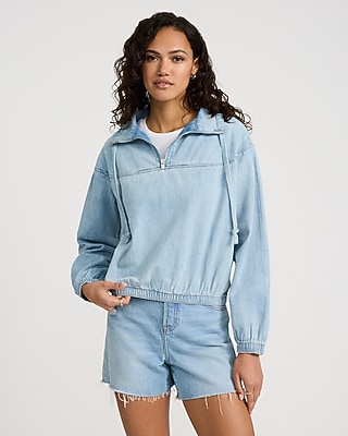 トップス minedenim 18ss Denim Rockout Sweat PO U Denim Quarter Zip Drawstring Pullover Top | Express