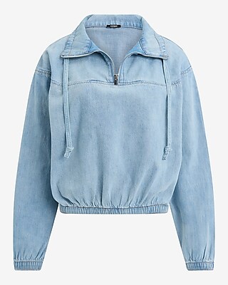 Denim Quarter Zip Drawstring Pullover Top
