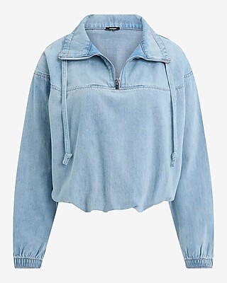 Denim Quarter Zip Drawstring Pullover Top