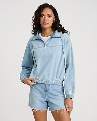 Denim Quarter Zip Drawstring Pullover Top