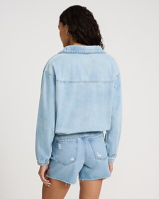 Denim Quarter Zip Drawstring Pullover Top