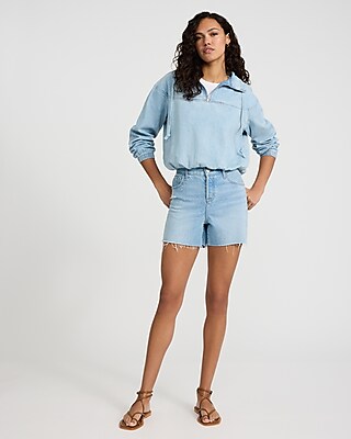 Denim Quarter Zip Drawstring Pullover Top