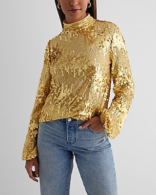 Sequin Trim Mock Neck Top