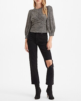 LS WRAP FRONT SATIN BLS PRINTS 9709104:PRINT-BLACK:XS