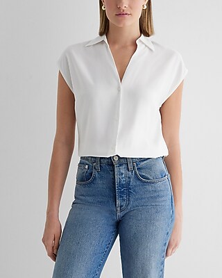 Satin V-Neck Cap Sleeve Open Collar Shirt
