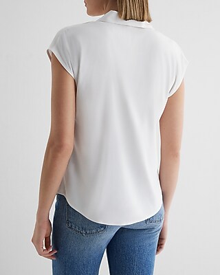 Satin V-Neck Cap Sleeve Open Collar Shirt