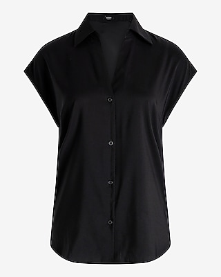 Satin V-Neck Cap Sleeve Open Collar Shirt