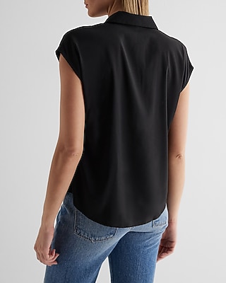 Satin V-Neck Cap Sleeve Open Collar Shirt