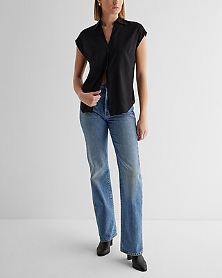 Satin V-Neck Cap Sleeve Open Collar Shirt