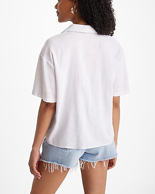 Linen-Blend Short Sleeve Button Up Boxy Shirt - image 2