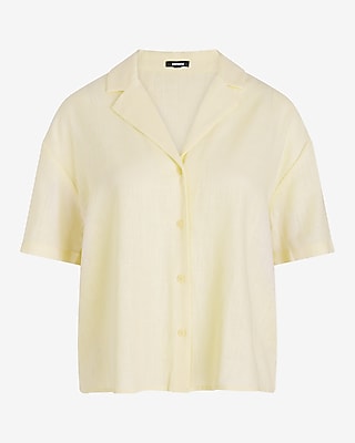 Linen-Blend Short Sleeve Button Up Boxy Shirt