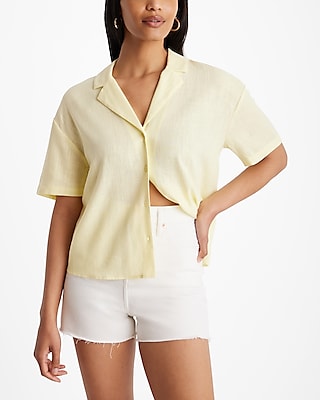 Linen-Blend Short Sleeve Button Up Boxy Shirt