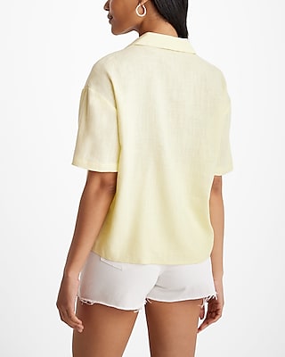 Linen-Blend Short Sleeve Button Up Boxy Shirt