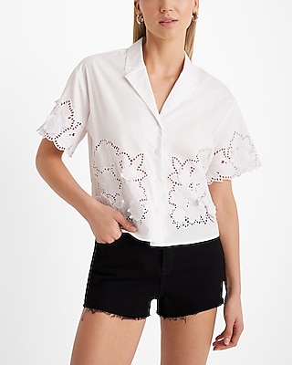 Floral Embroidered Short Sleeve Button Up Boxy Shirt | Express