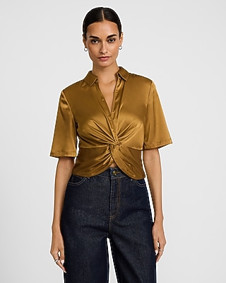 Satin Collared V-neck Short Sleeve Twist Front Cropped Top | Express