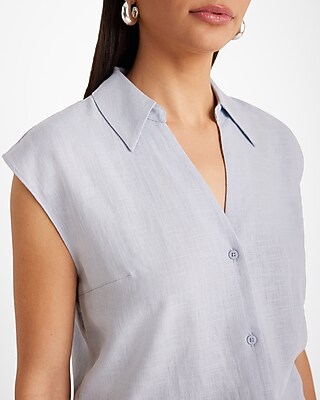 Linen-blend Cap Sleeve Button Up Shirt | Express