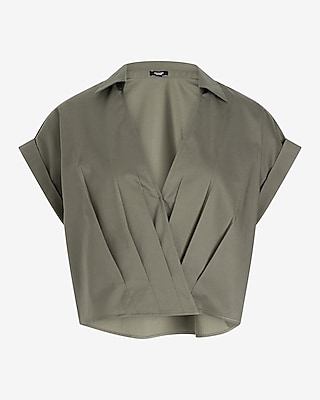 V-Neck Rolled Sleeve Pleated Surplice Cropped Top - image 5
