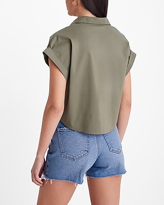 V-Neck Rolled Sleeve Pleated Surplice Cropped Top - image 3