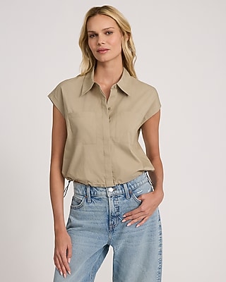 Cap Sleeve Double Pocket Adjustable Hem Shirt