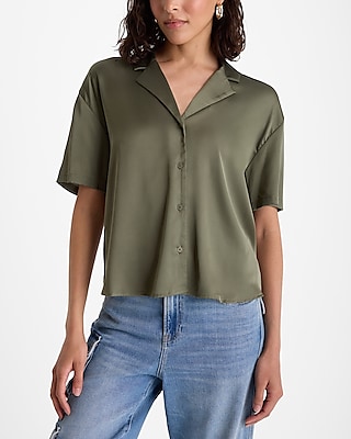 Satin Short Sleeve Button Up Boxy Shirt