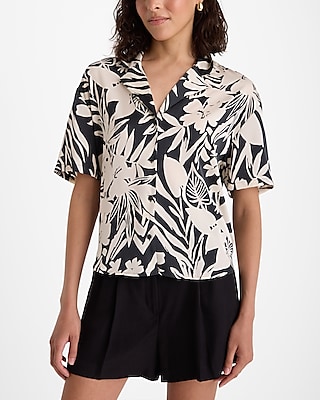 Satin Floral Short Sleeve Button Up Boxy Shirt