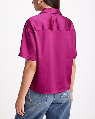 Satin Short Sleeve Button Up Boxy Shirt